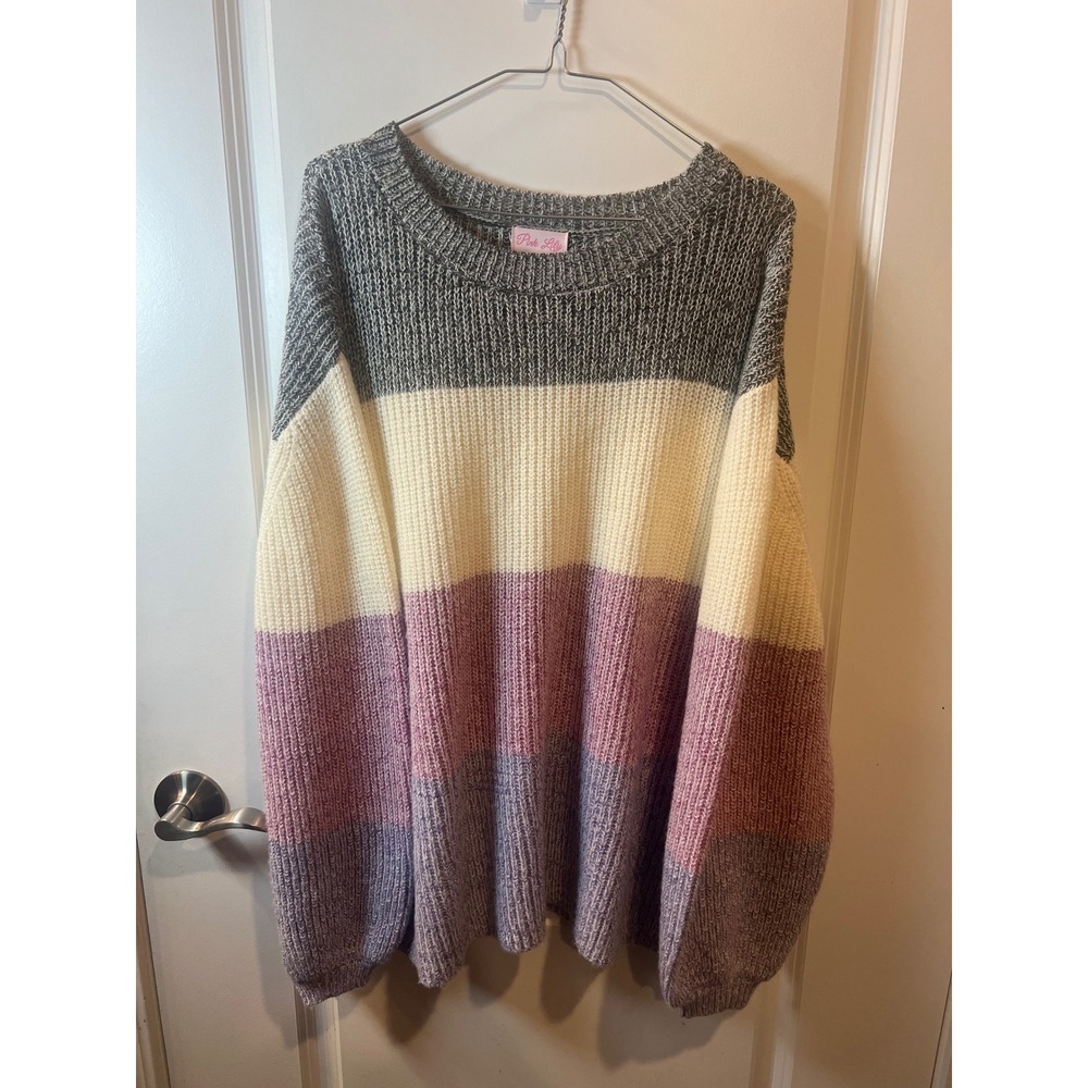Pink Lily Womens Sweater Colorblock Chunky‎ Knit Gray Pink Purple M